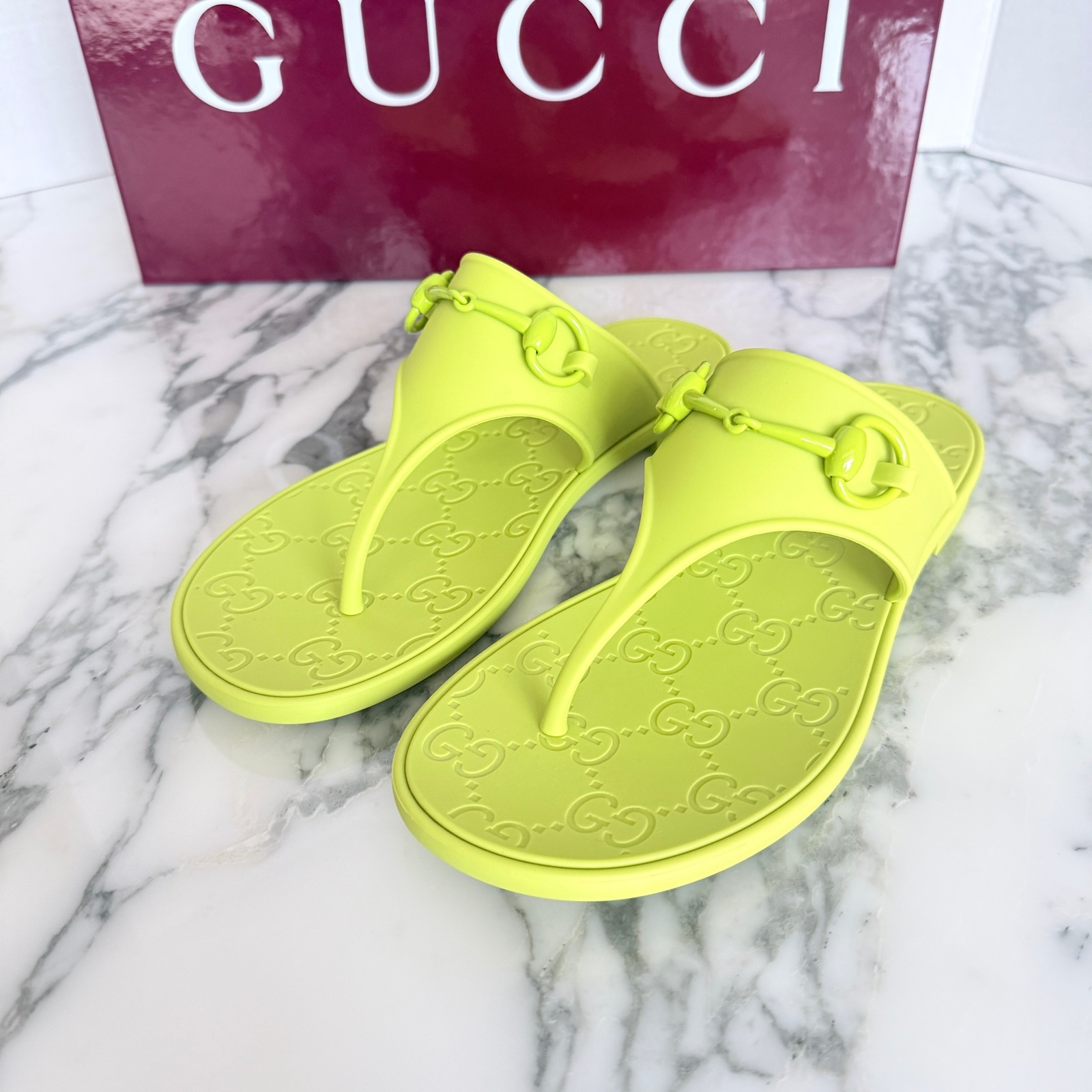 Gucci Horsebit Gg Monogram Rubber Thong Sandals Lime Green Slides 655464 Gucci37